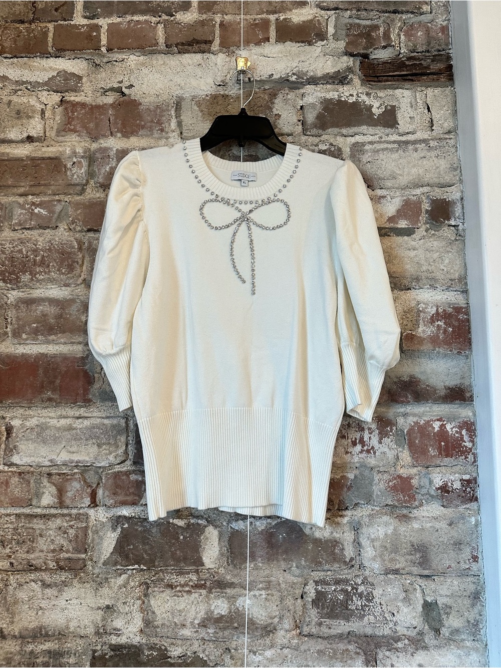 Edge Cream Rhinestone Bow Puff-Sleeve Sweater by edge